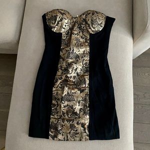 Bebe Black Gold Lace Strapless Mini Dress XS